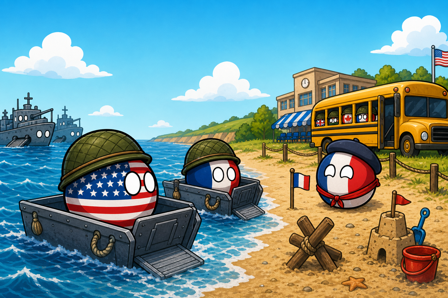 诺曼底海滩上美国球和法国球坐玩具船排队登陆